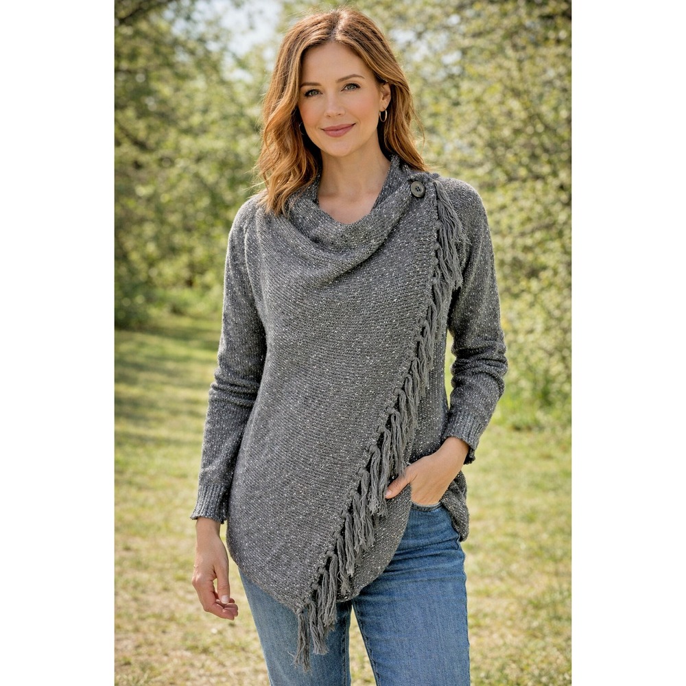 Ceasikery Womens S‎ Gray Asymmetrical Button Wrap Sweater Tassels Boho Western